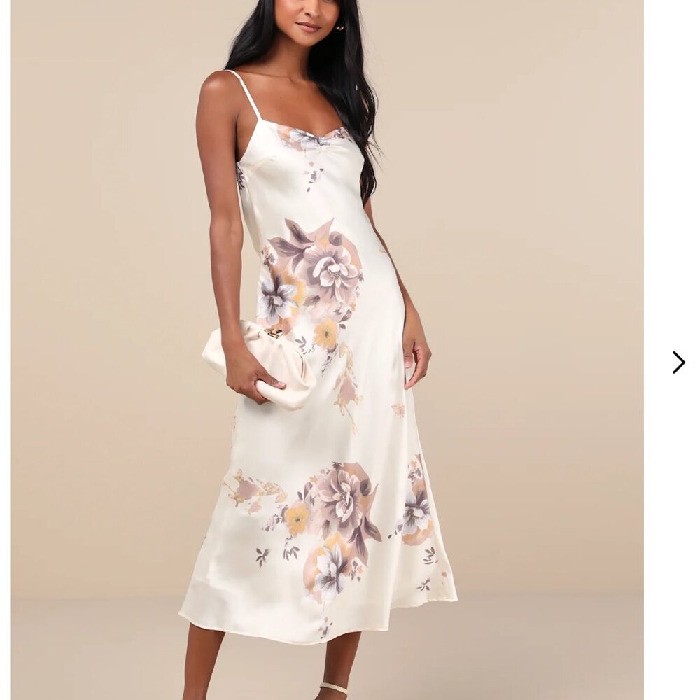 Lulus Certified Stunning Beige Satin Floral Lace-up Midi Dress - Size L - Picture 4 of 8